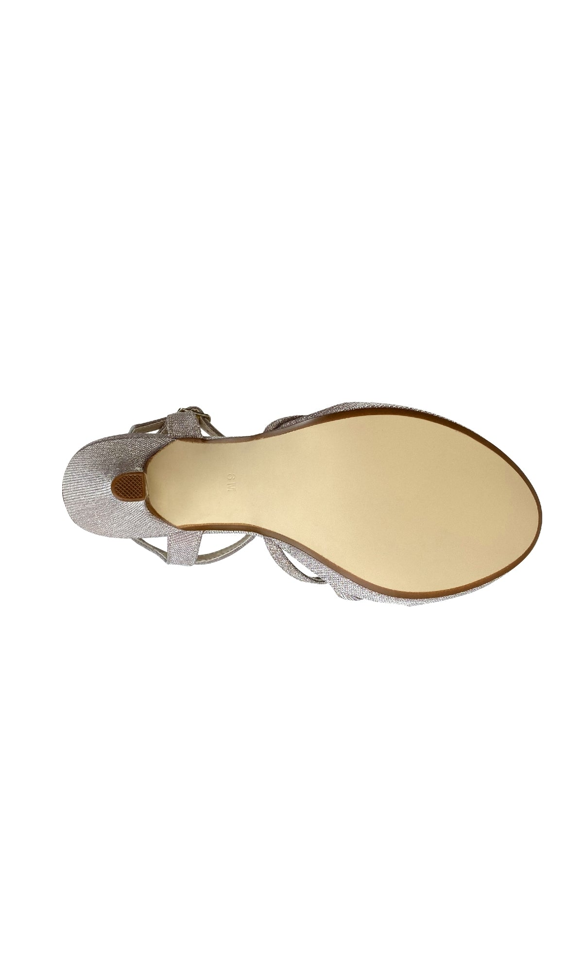 The image shows the bottom view of the Mae Champagne Glitter Prom Shoe (Touch Ups 4506), a women's open-toe dress sandal featuring a beige sole, glittery champagne upper straps, and elegant stiletto heels.